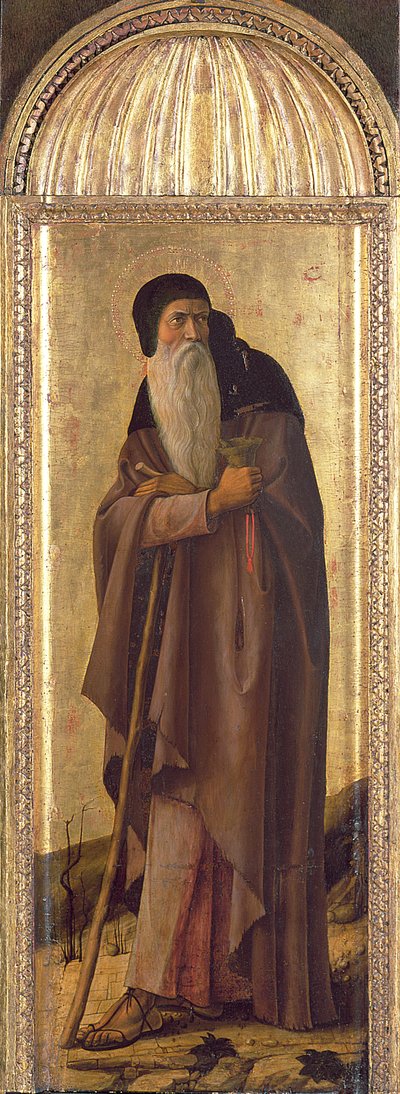 St. Sebastiaan tussen St. Johannes de Doper en St. Antonius de Abt, in de lunet Eeuwigheid en de Aankondiging (detail) door Giovanni Bellini
